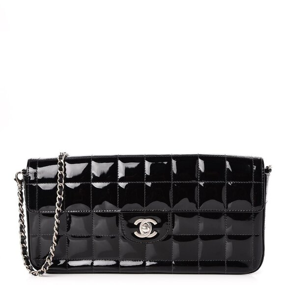 CHANEL Patent Leather East West Chocolate Bar Flap Bag Black Purse